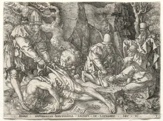 The Parable of the Good Samaritan: The Robbers Attacking the Travelers, by Heinrich Aldegrever, 1554