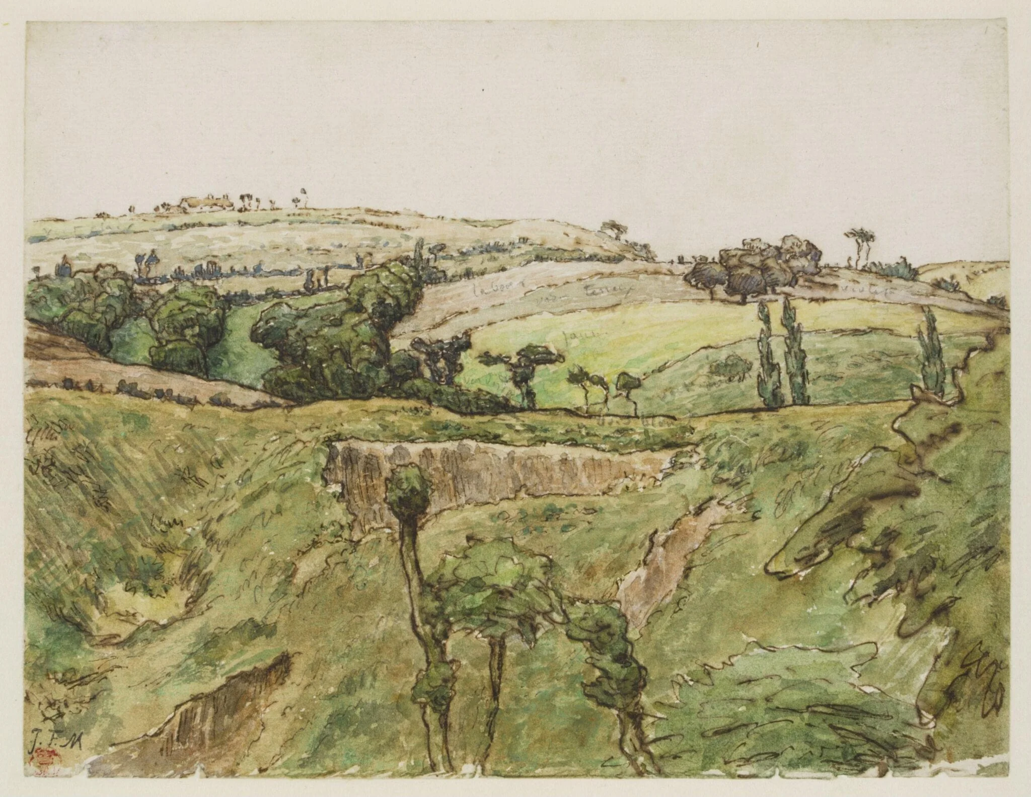 A hilly landscape with trees, detail
