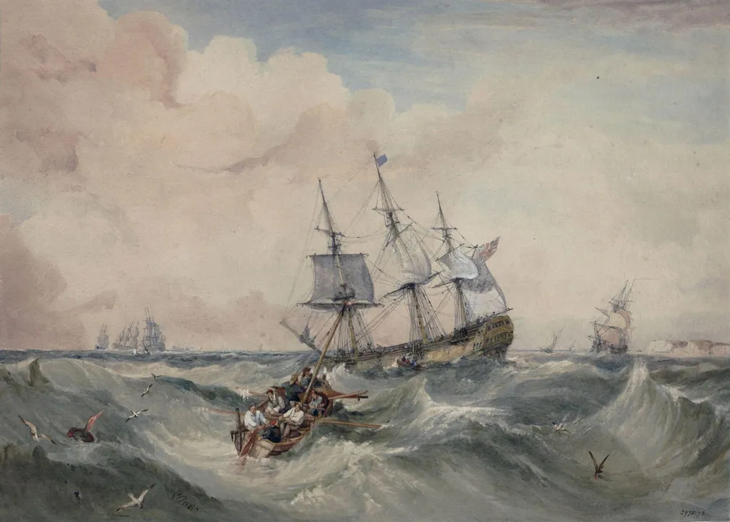 Indiaman lying-to for a pilot, by Samuel Owen, watercolor, 1790