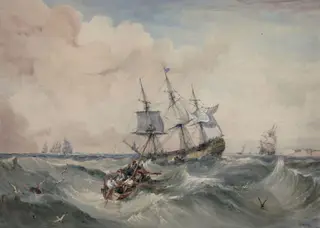 Indiaman lying-to for a pilot, by Samuel Owen, watercolor, 1790