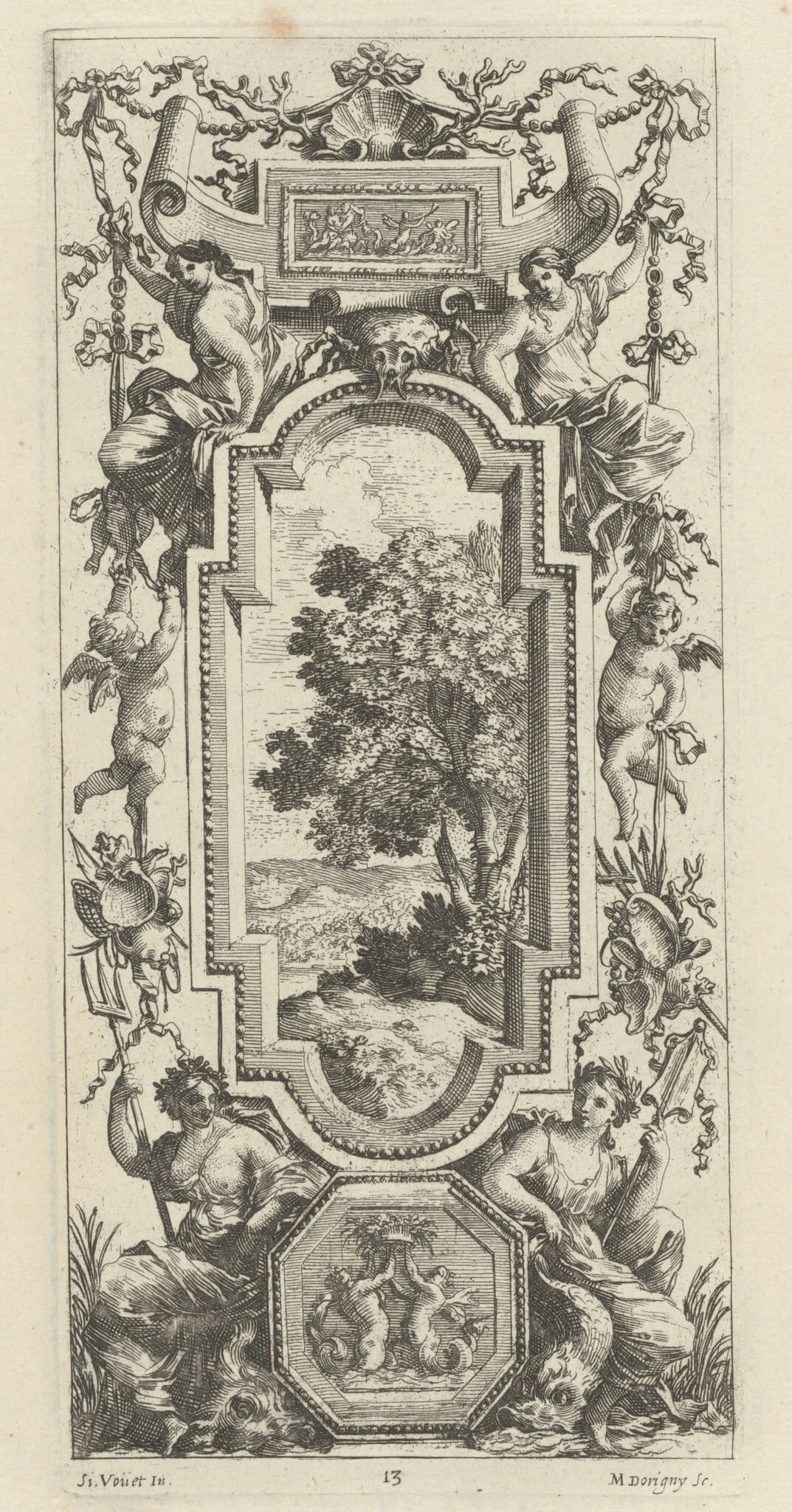 Ornamental Panel Surmounted by a Maritime Scene and a Shell, detail