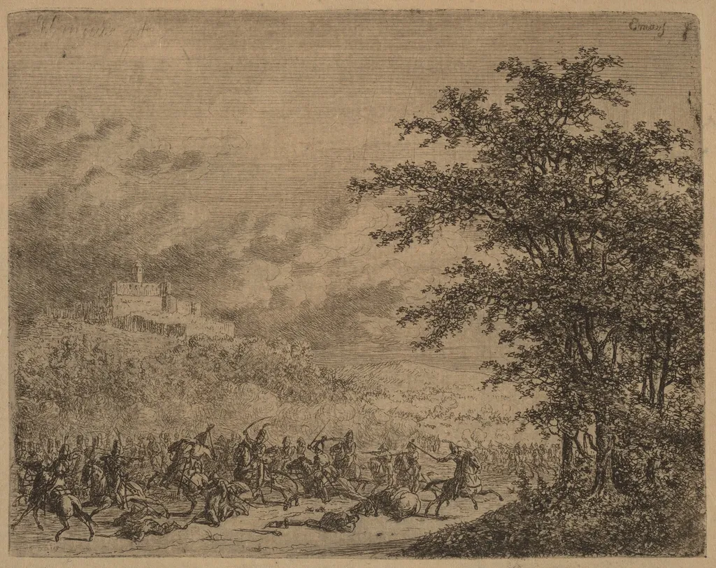 The Affair near Konigstein  (L'Affaire pres de Koenigstein) [recto], by Gerhardus Emaus de Micault, ink, 1826