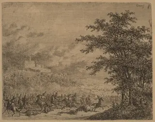 The Affair near Konigstein  (L'Affaire pres de Koenigstein) [recto], by Gerhardus Emaus de Micault, ink, 1826