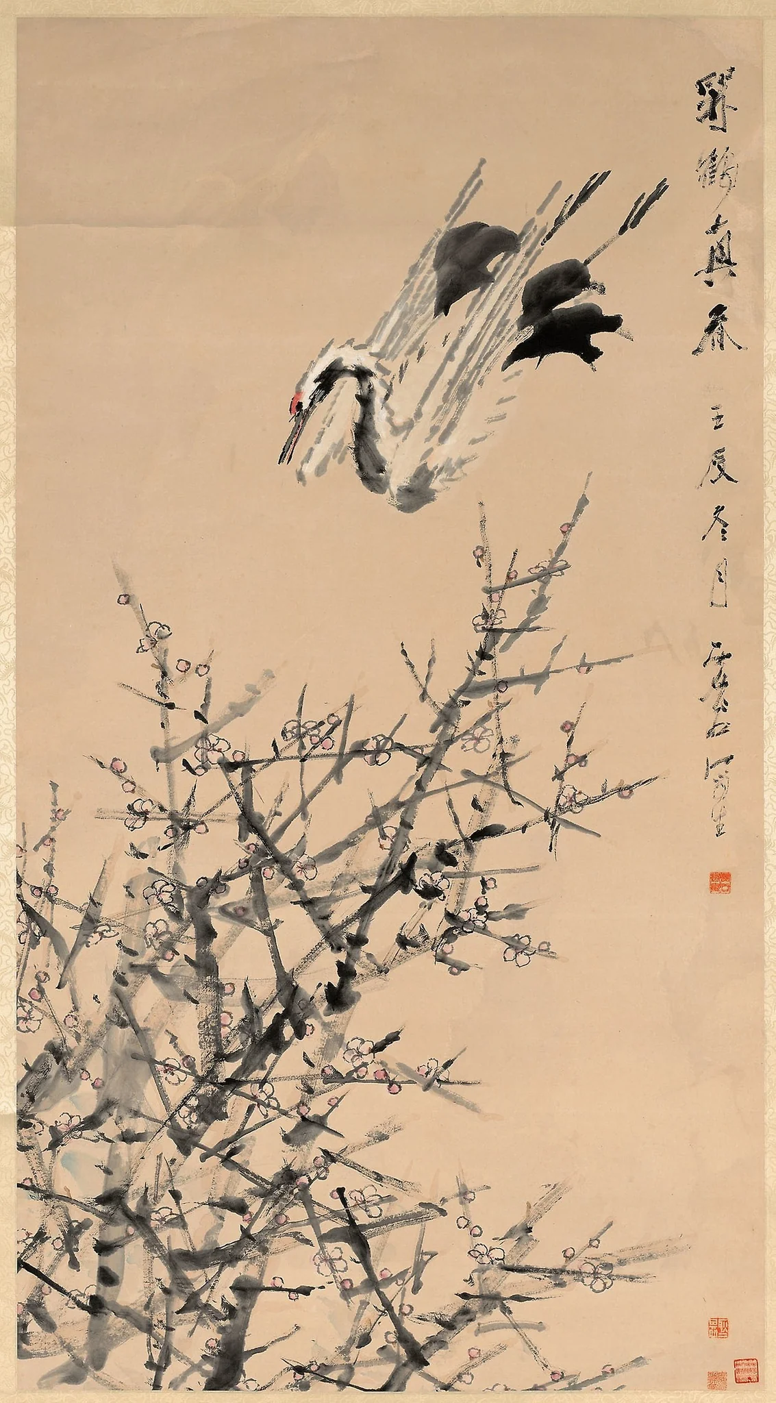Plum Blossoms, Crane, and Spring, detail