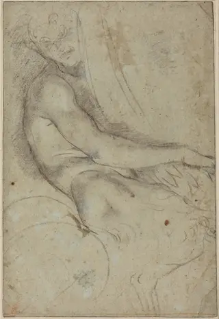 Satyr Holding a Roundel, by Annibale Carracci, chalk, 1598