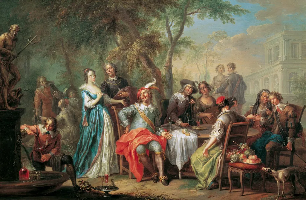 Elegant company supping in a park, by Franz Christoph Janneck, oil, 1740