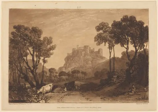The Castle Above the Meadows, by Joseph Mallord William Turner, ink, 1808