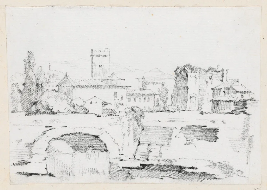 An Italian Town with a Stone Bridge and a Waterfall, by Joseph-Marie Vien, graphite, 1747