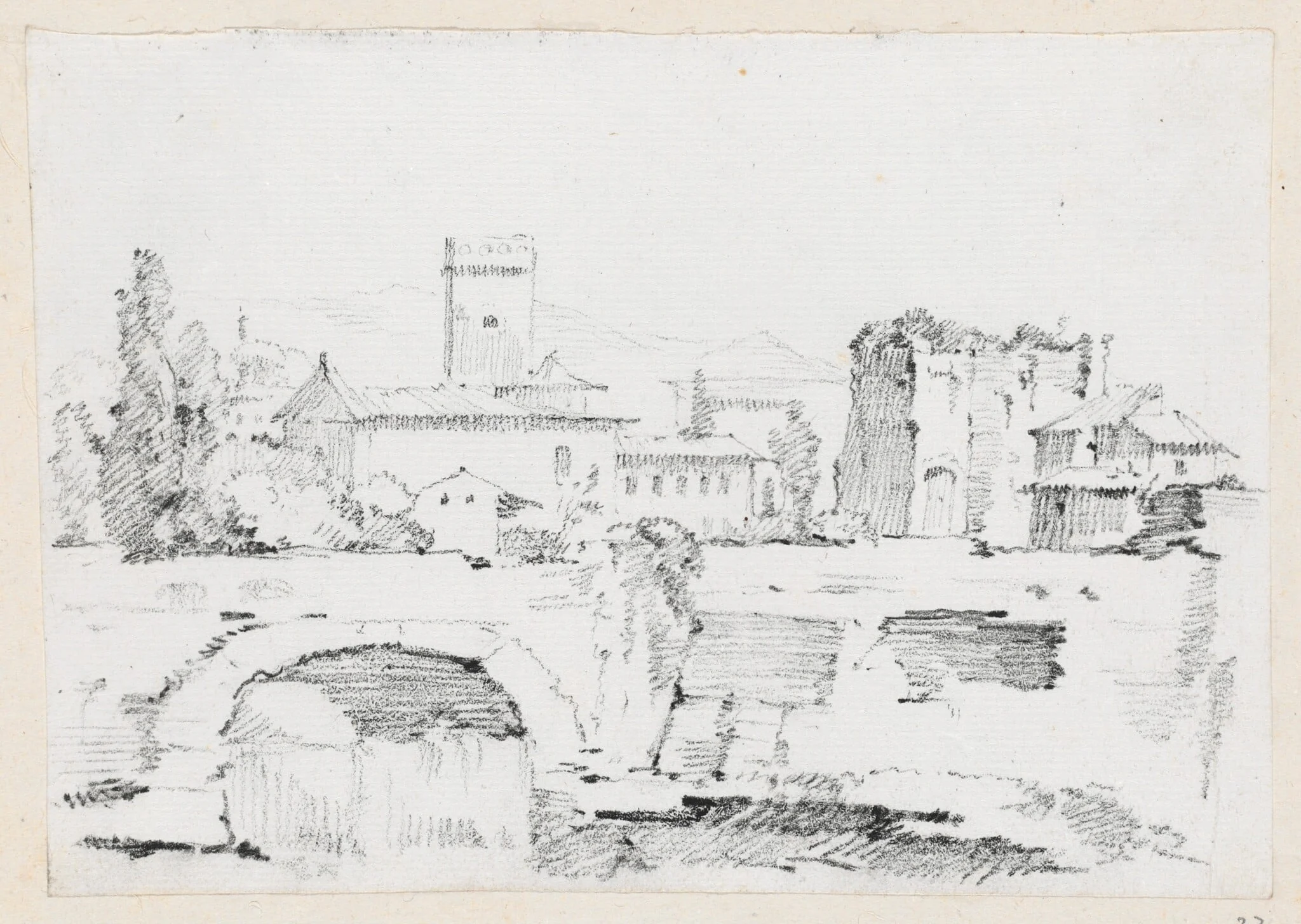 An Italian Town with a Stone Bridge and a Waterfall, detail