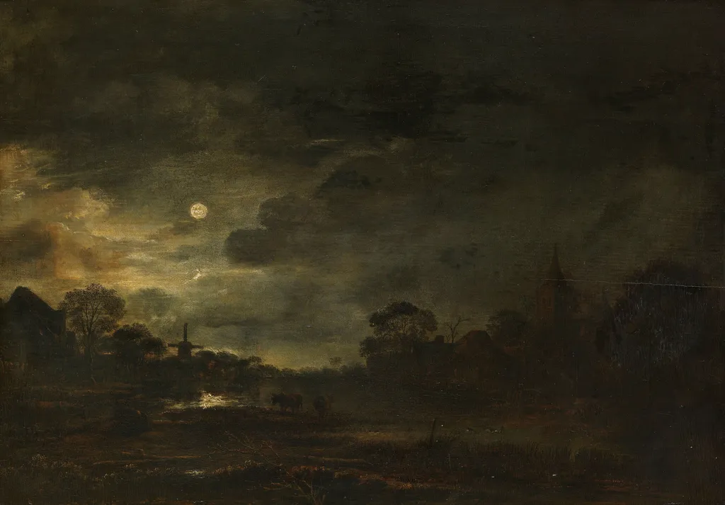 Landscape by moonlight, by Aert van der Neer, oil, 1650