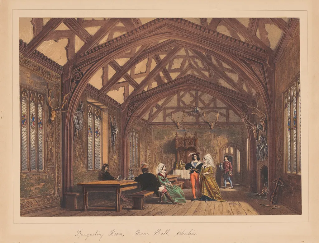 Banqueting Room, Bramhall, Cheshire, by Joseph Nash, ink, 1849