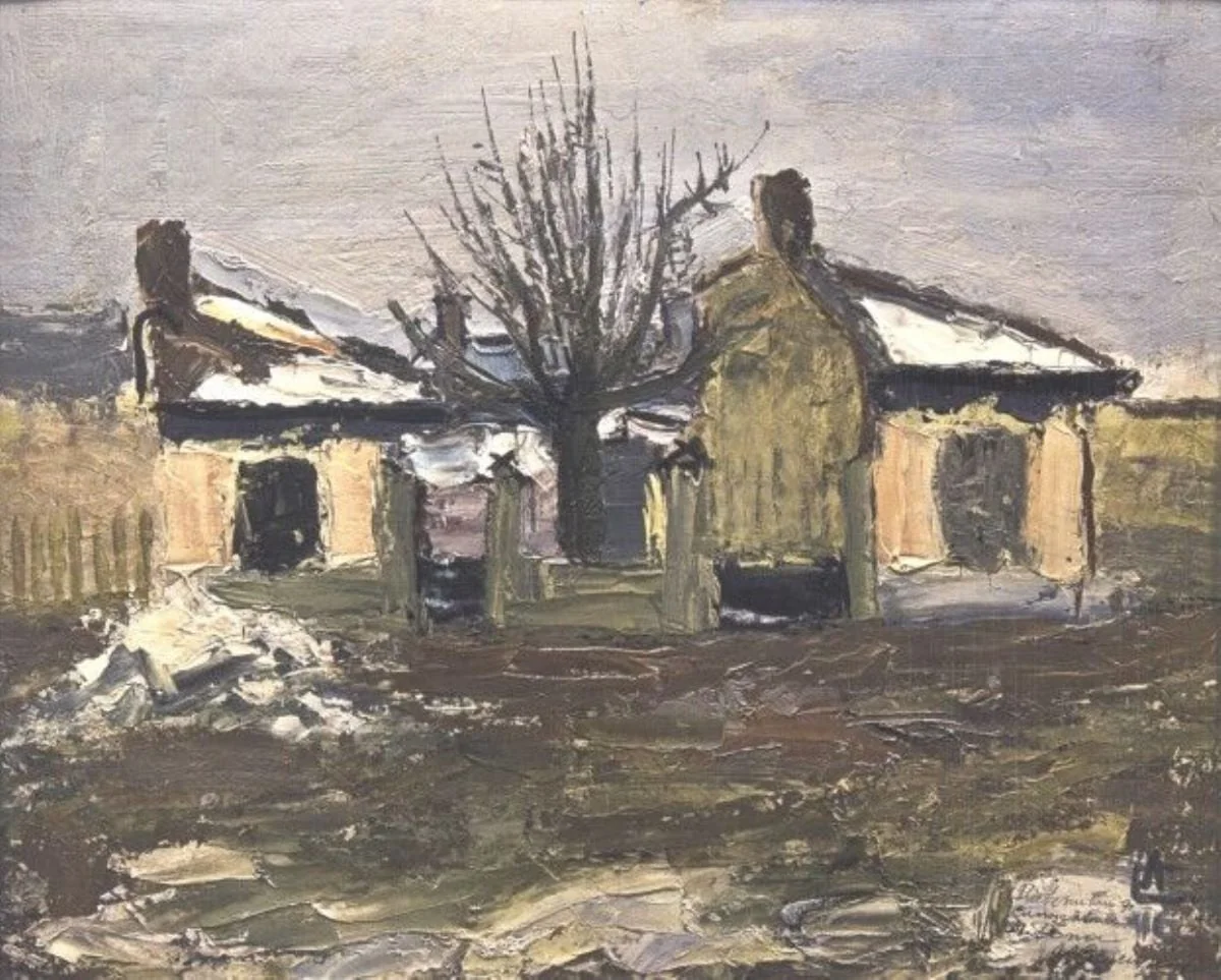 Peisaj de iarnă cu case, detail