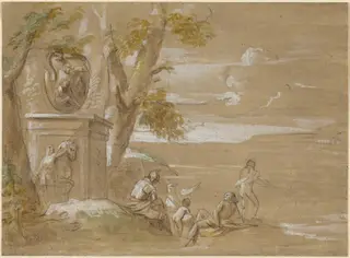 A Landscape with Seated Soldiers and Fishermen, by Antonio Visentini, chalk, 1735