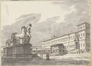 Monte Cavallo, with the Horse Tamers, by Jacques-Louis David, ink, 1778