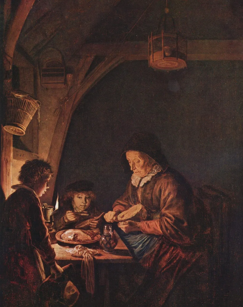 Old Woman Cutting Bread, by Gerrit Dou, oil, 1655
