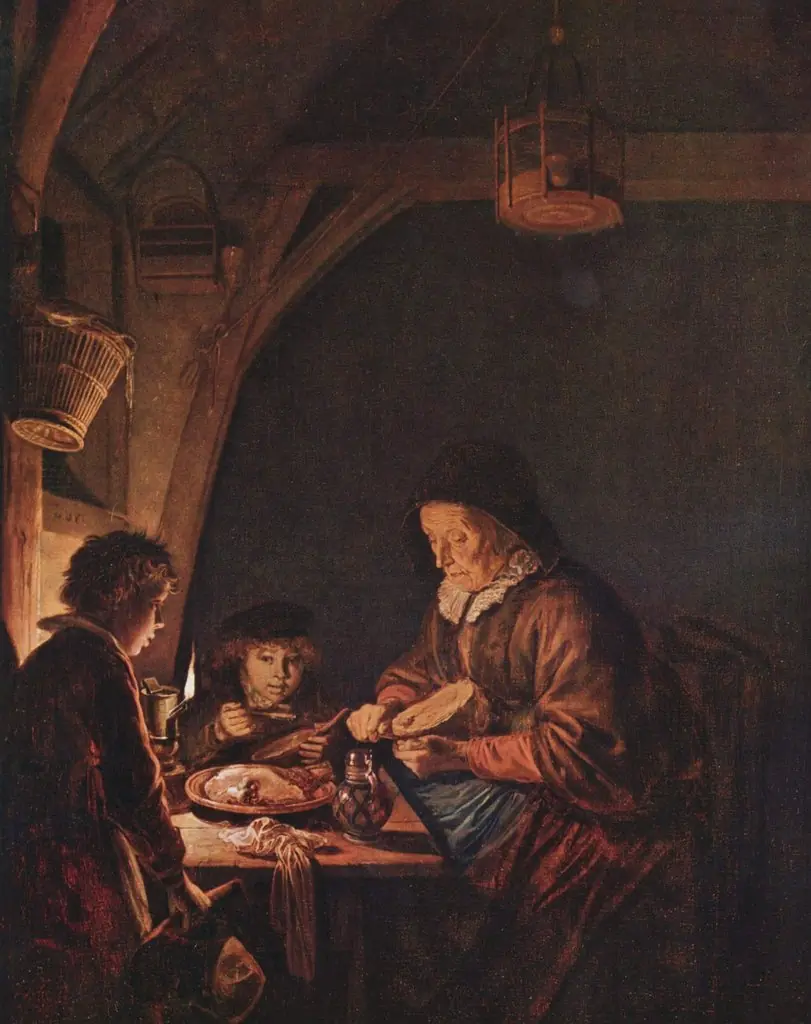 Old Woman Cutting Bread, by Gerrit Dou, oil, 1655