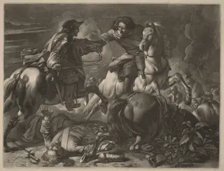Two Fighting Horsemen, by Jan van Huchtenburgh, ink, 1690