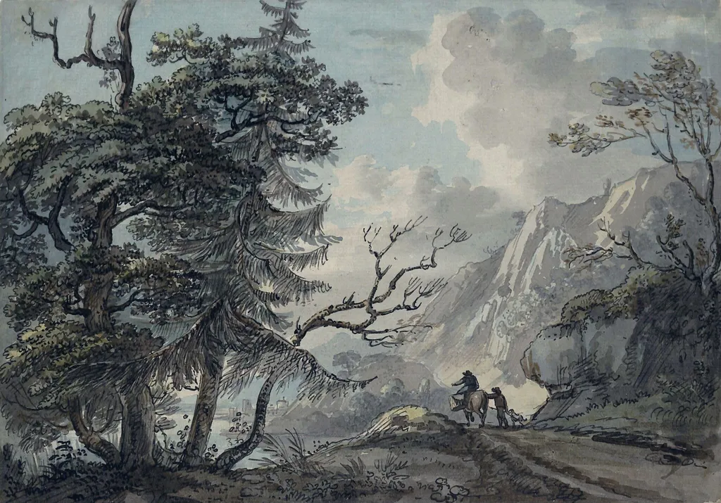 A road in mountainous country, leading to a castle by a lake, by Paul Sandby, watercolor, 1750