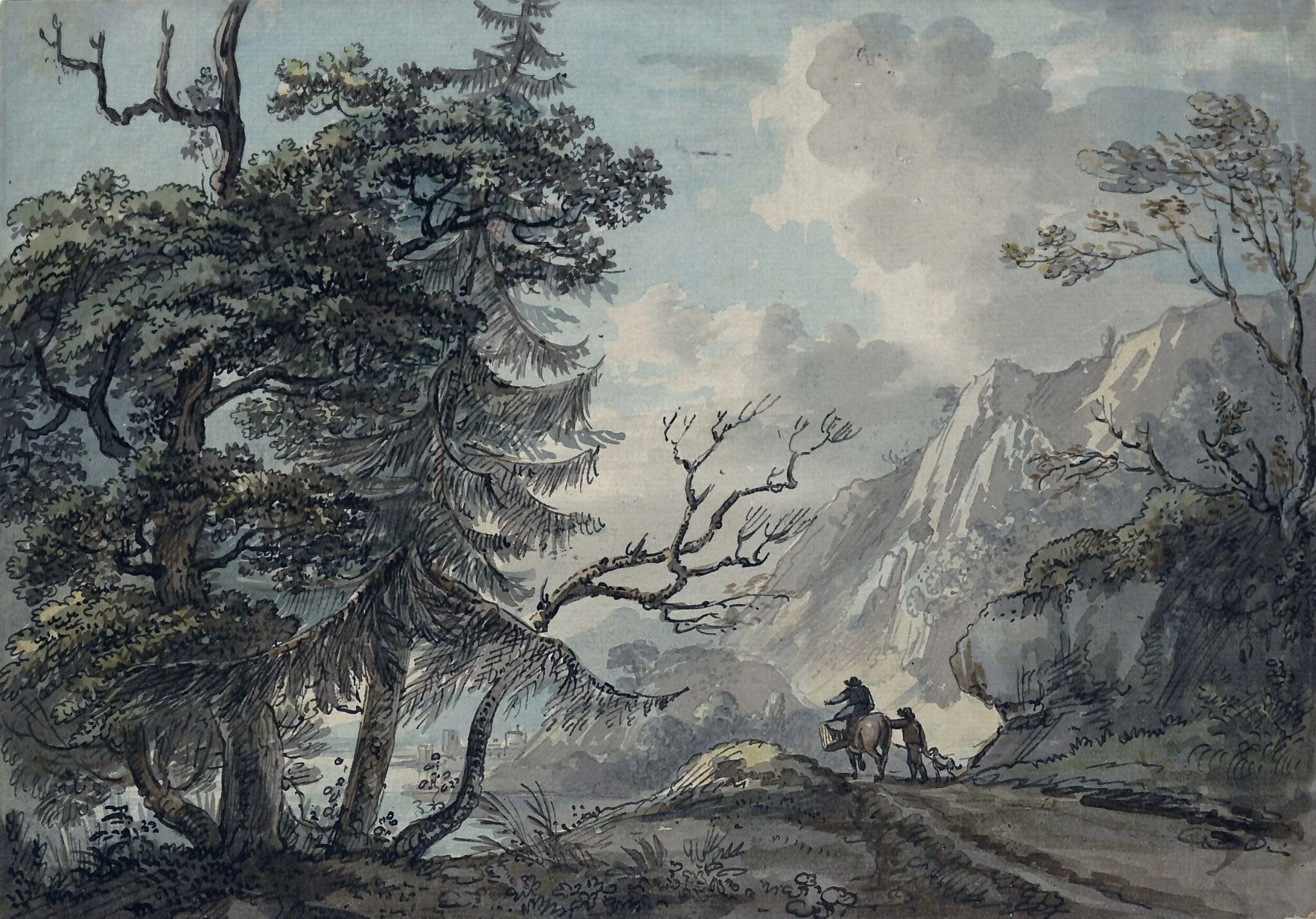 A road in mountainous country, leading to a castle by a lake, detail