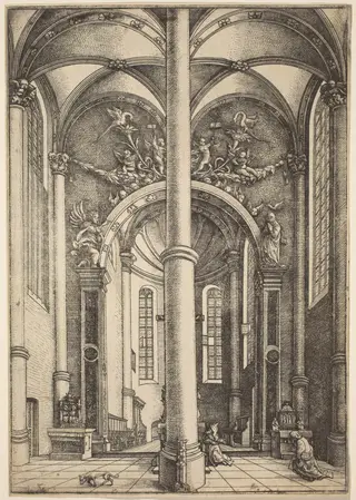 Interior of the Church of Saint Katherine with Parable of the Pharisee and the Publican, by Daniel Hopfer, ink, 1530
