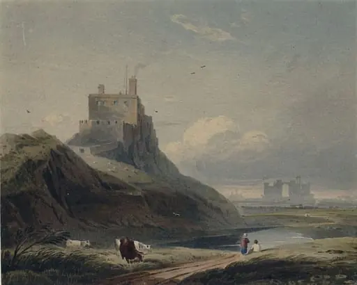 Castle at Holy Island, and Lindisfarne Abbey, by John Varley, watercolor, 1811