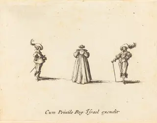 Lady Seen from Behind, and Two Gentlemen, by Jacques Callot, ink, 1634