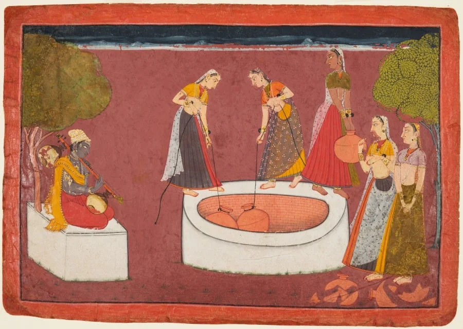 Madhava plays his vina before five women drawing water from a well, folio 3 from a Madhavanala-Kamakandala, detail