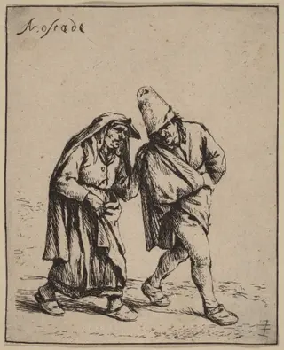 Peasant Couple Walking, by Adriaen van Ostade, ink, 1647