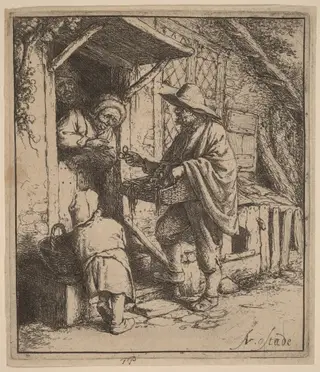 Street Vendor Selling Spectacles at the Door, by Adriaen van Ostade, ink, 1647