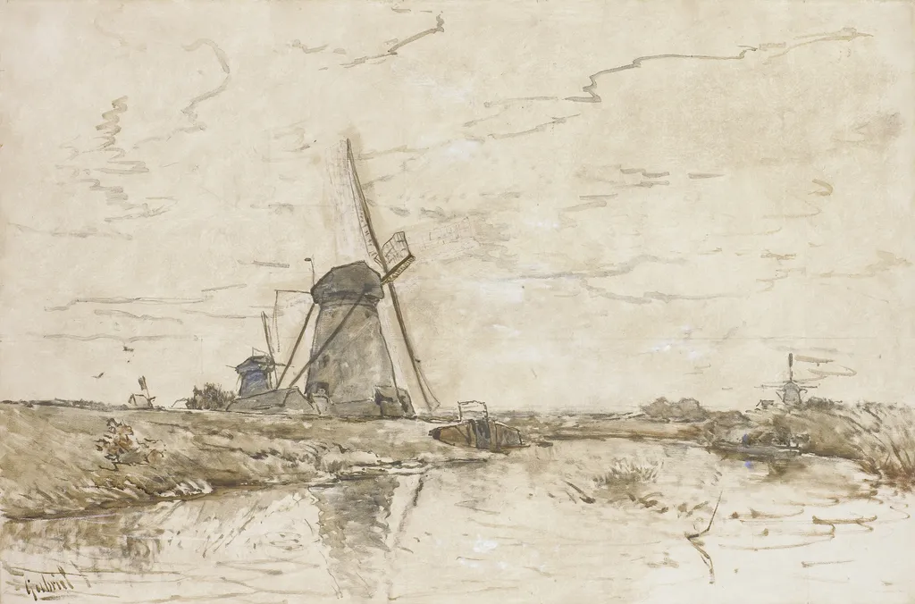 Landscape with windmills, by Paul Joseph Constantin Gabriël, oil, 1896