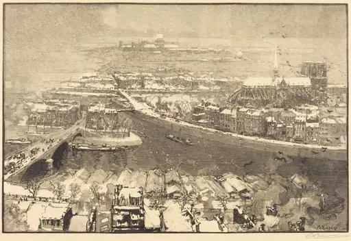 Paris under Snow, View from St.-Gervais (Paris sous la neige, vu du haut de St.-Gervaais), by Auguste Lepère, ink, 1890