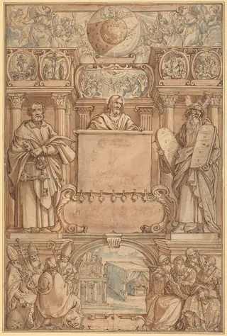 Title Page for a Bible, by Augustin Braun, ink, 1605