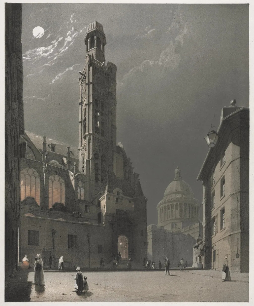 Picturesque Architecture in Paris, Ghent, Antwerp, Rouen:  St. Etienne du Mont and the Pantheon, Paris, by Thomas Shotter Boys, 1839