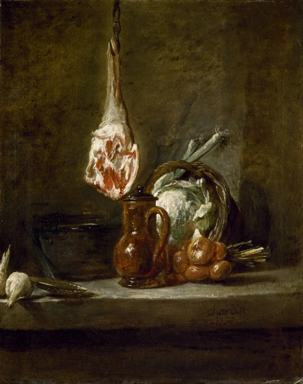 Still Life with a Leg of Lamb, by Jean-Baptiste-Siméon Chardin, oil, 1730