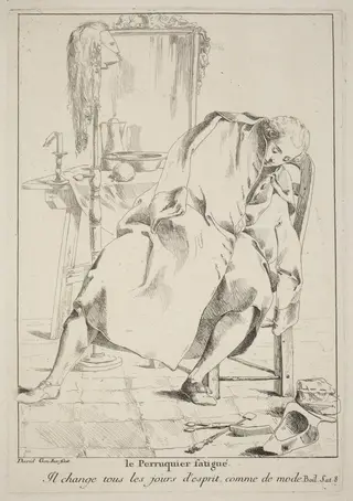 Le Perruquier fatigué (The Tired Wigmaker), by Giovanni David, ink, 1775