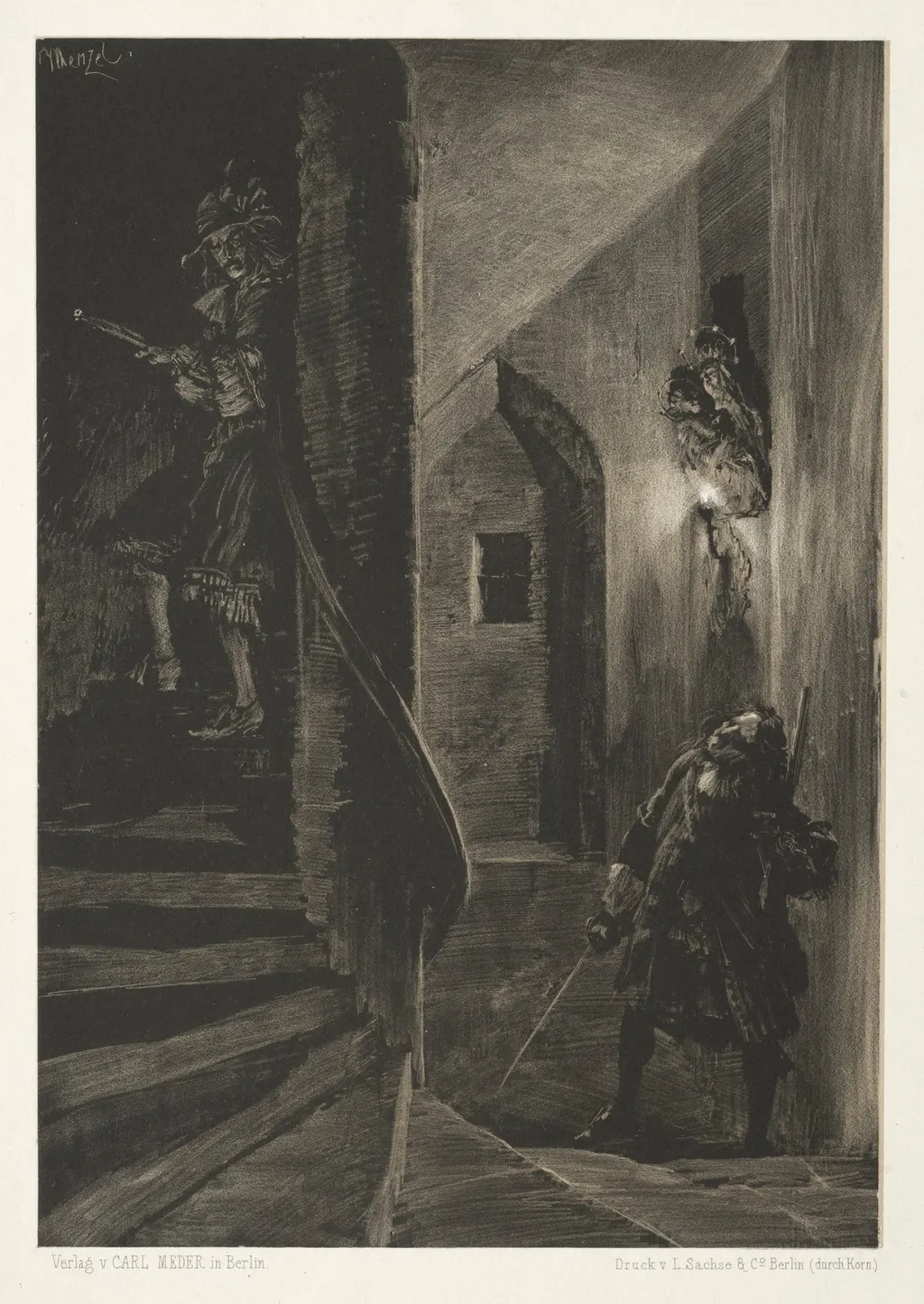 Essay on Stone with Brush and Scraper:  Chase on the Winding Staircase, by Adolph Menzel, 1851