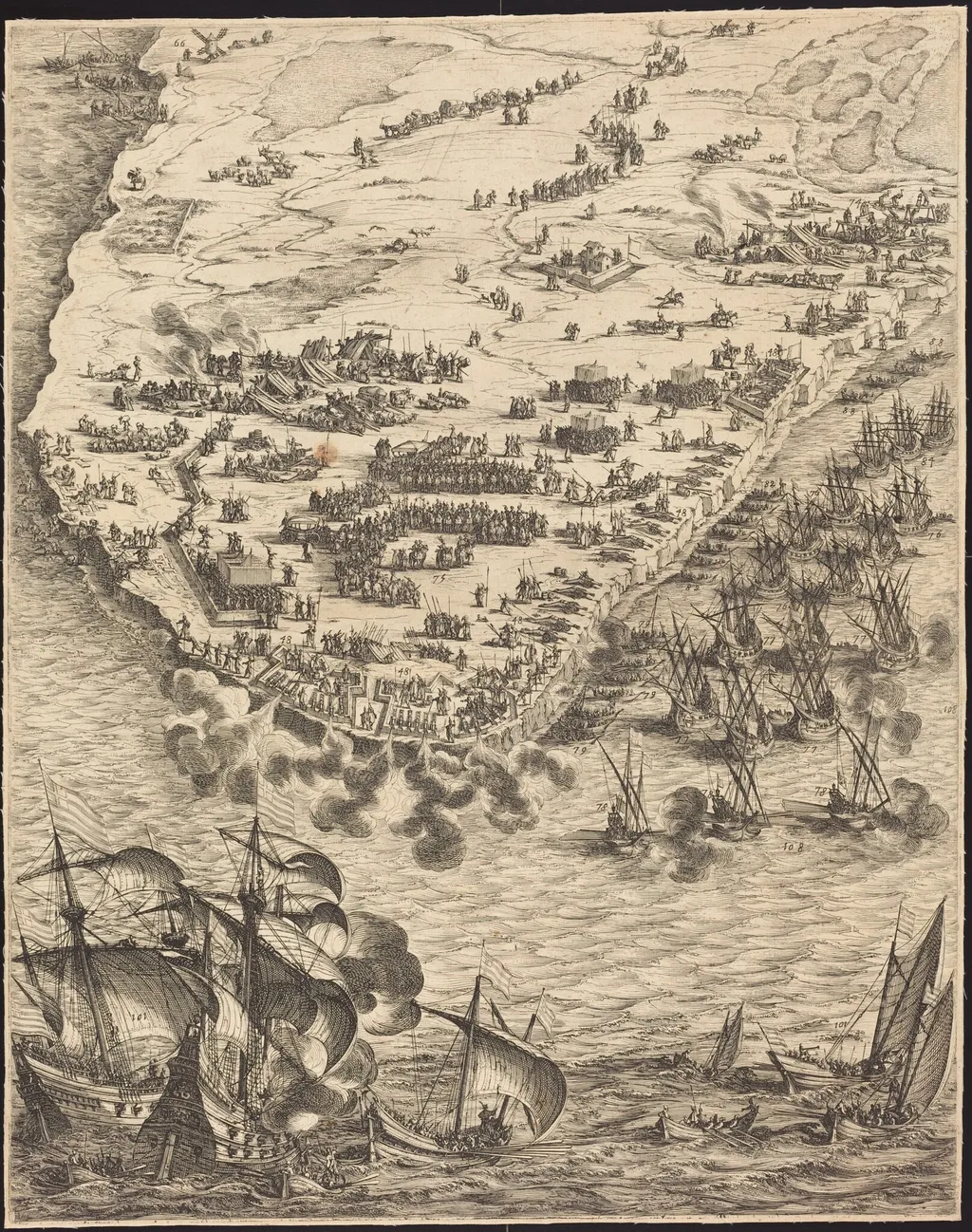 The Siege of La Rochelle [plate 10 of 16; set comprises 1952.8.97-112], by Jacques Callot, ink, 1630