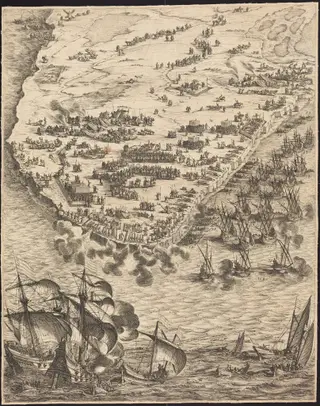 The Siege of La Rochelle [plate 10 of 16; set comprises 1952.8.97-112], by Jacques Callot, ink, 1630