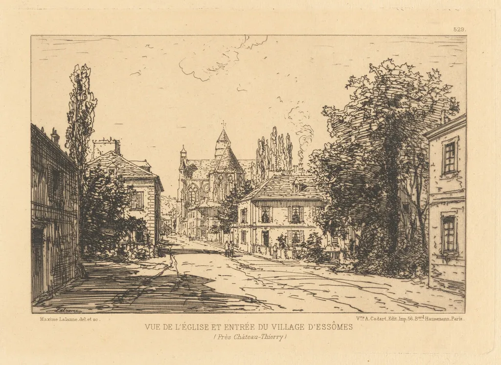 Vue d’Église et Entrée du Village d’Essômes, by Maxime Lalanne, ink, 1880