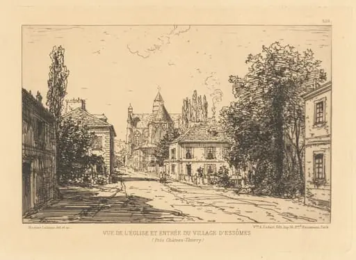 Vue d’Église et Entrée du Village d’Essômes, by Maxime Lalanne, ink, 1880