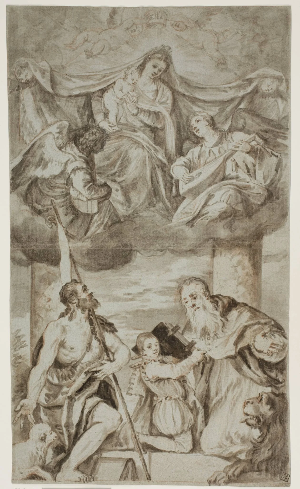 The Virgin and Child among angels in the clouds with Sts John the Baptist and Jerome, after Paolo Veronese’s painting formerly in S. Francesco della Vigna, Venice, detail