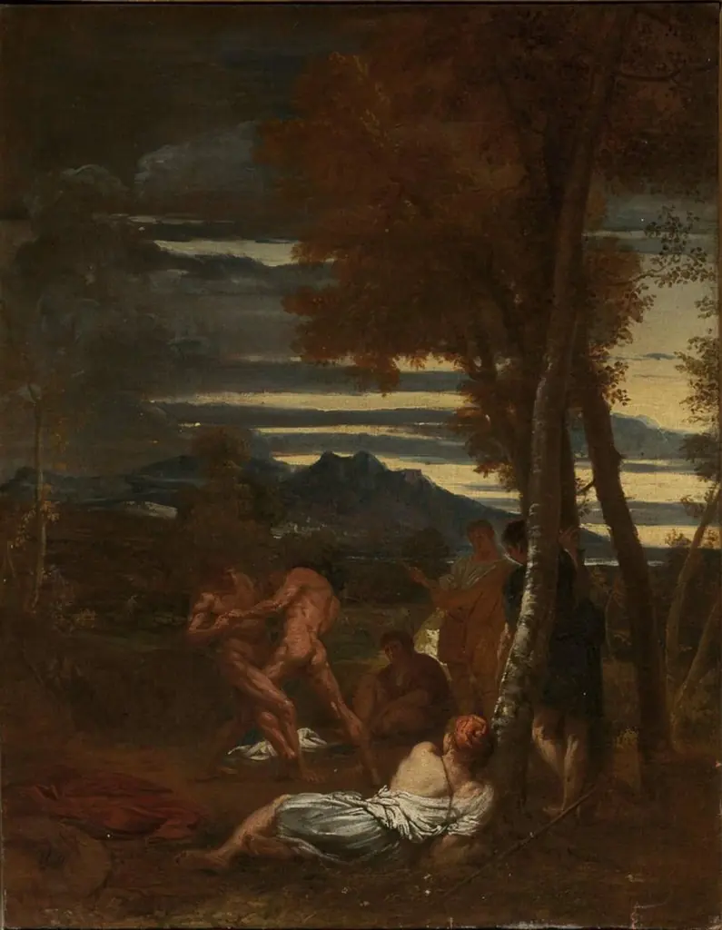 Wrestlers in a Landscape, by Livio Mehus, oil, 1650