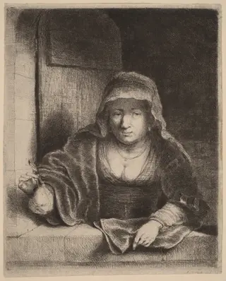 The Woman with the Pear, by Ferdinand Bol, ink, 1651