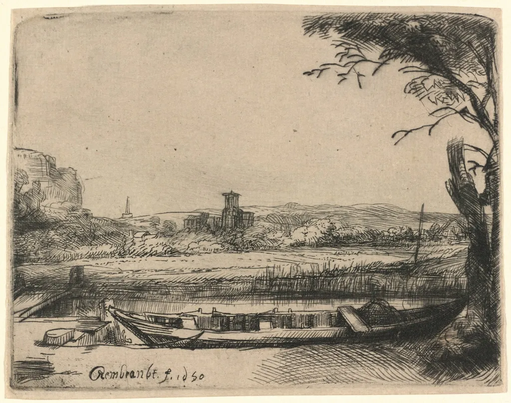 Canal with a Large Boat and Bridge, by Rembrandt van Rijn, ink, 1650