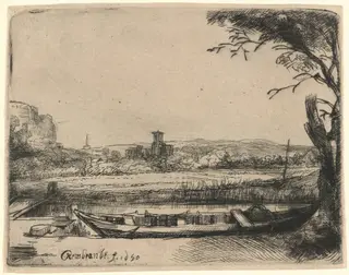 Canal with a Large Boat and Bridge, by Rembrandt van Rijn, ink, 1650