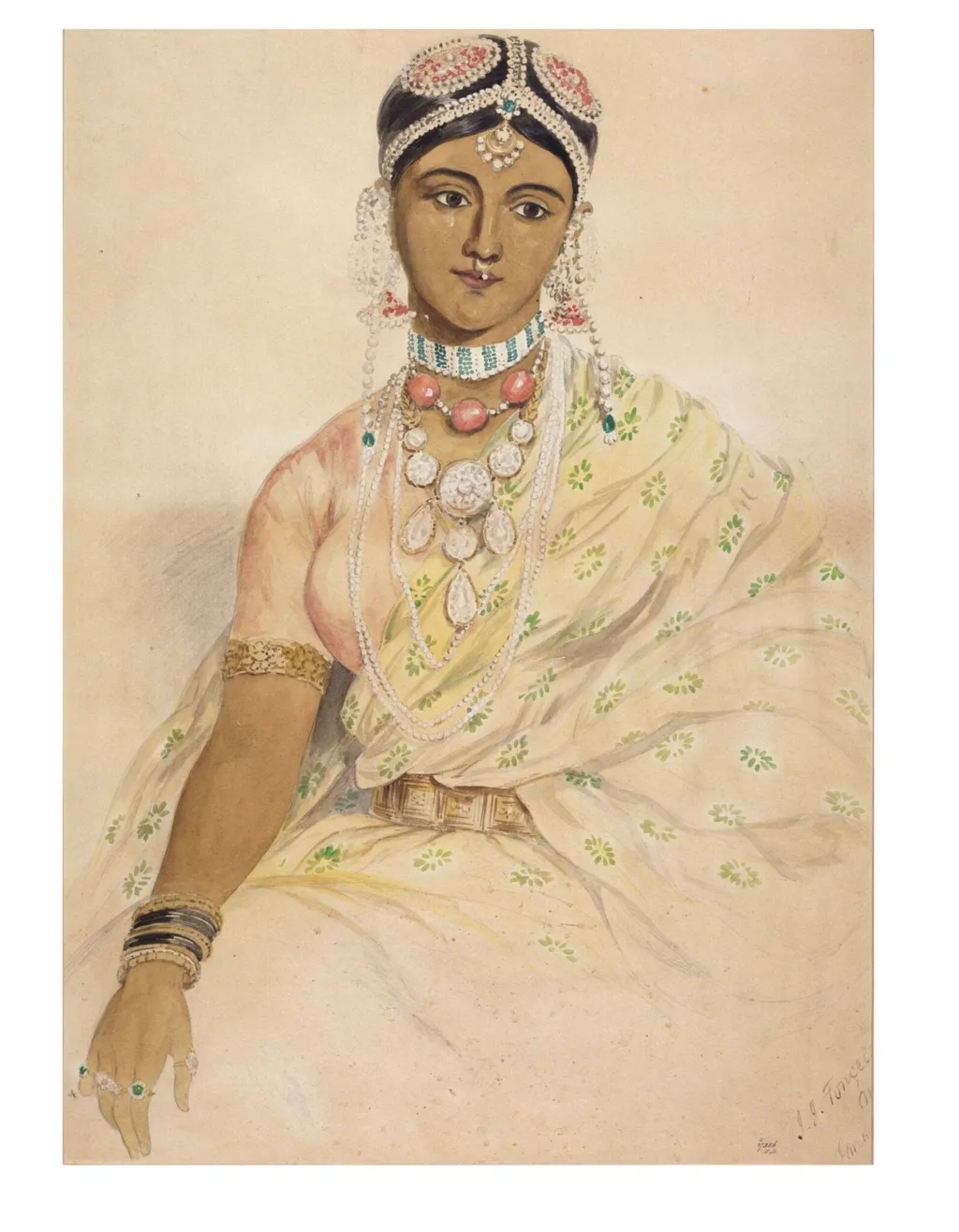 Portrait of a Hindu woman wearing jewellery, by John Joseph Fonçeca, paint, 1872