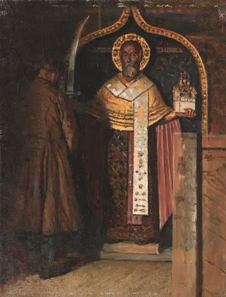 Icon of St Nicholas from the Upper Reaches of the River Pinega, by Vasily Vereshchagin, oil, 1898