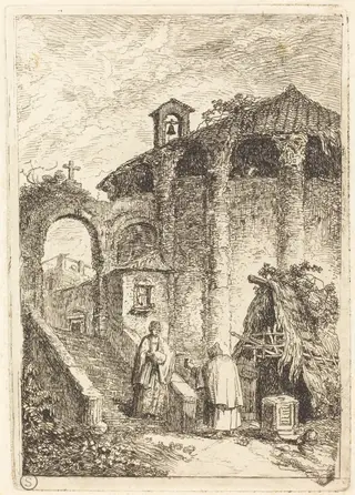 The Ancient Temple, by Hubert Robert, ink, 1764