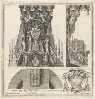 Plan, Elevation and Section of the Funeral Monument to the Cardinal of Bouillon, by Hubert Vincent, ink, 1715