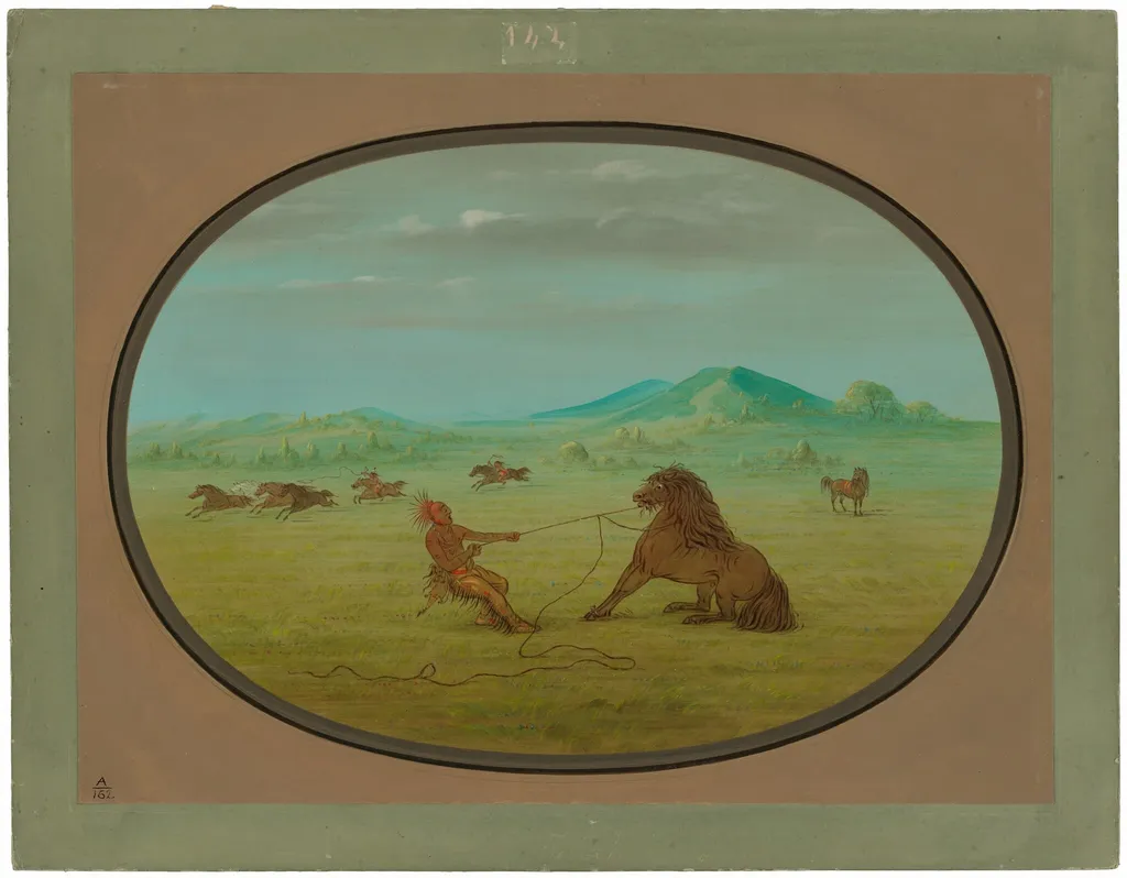 Catching Wild Horses - Pawnee, by George Catlin, oil, 1865